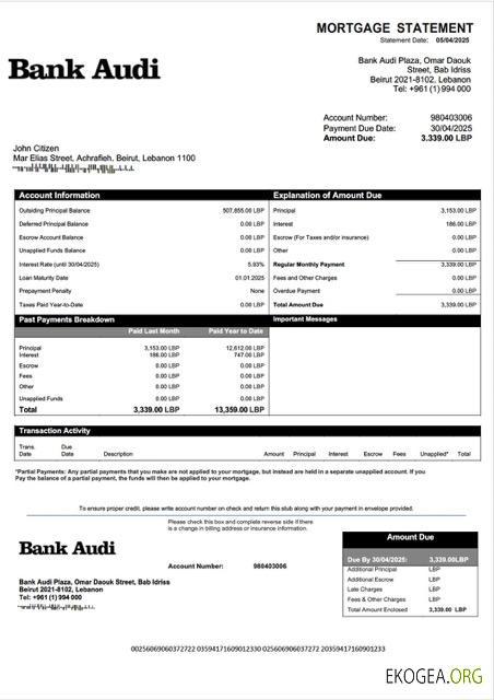 Modèle Word et PDF de relevé d'hypothèque Audi de la Banque du Liban